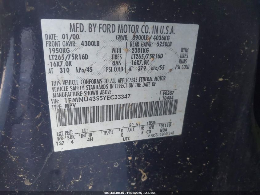 2000 Ford Excursion Limited VIN: 1FMNU43S5YEC33347 Lot: 43640446