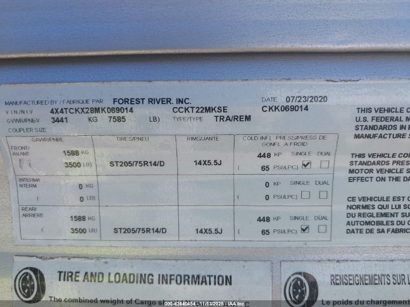 2021 Cherokee Other VIN: 4X4TCKX28MK069014 Lot: 43640454