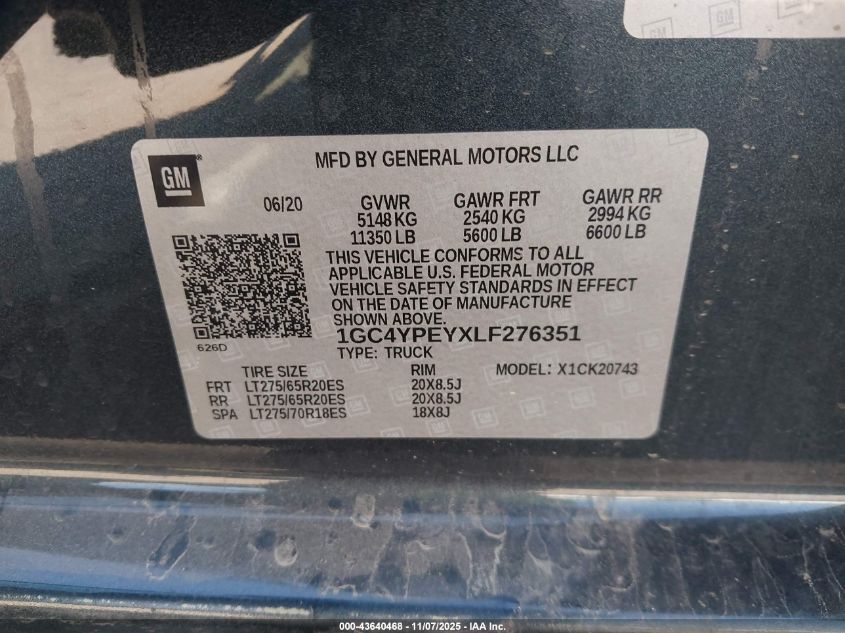 2020 Chevrolet Silverado 2500Hd VIN: 1GC4YPEYXLF276351 Lot: 43640468