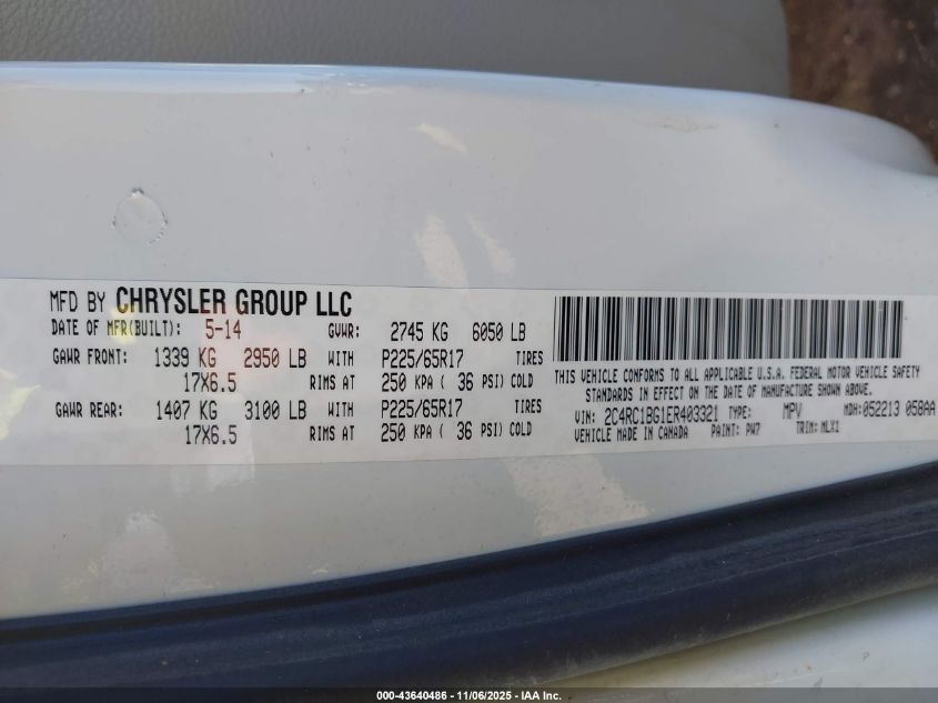 2014 Chrysler Town & Country Touring VIN: 2C4RC1BG1ER403321 Lot: 43640486