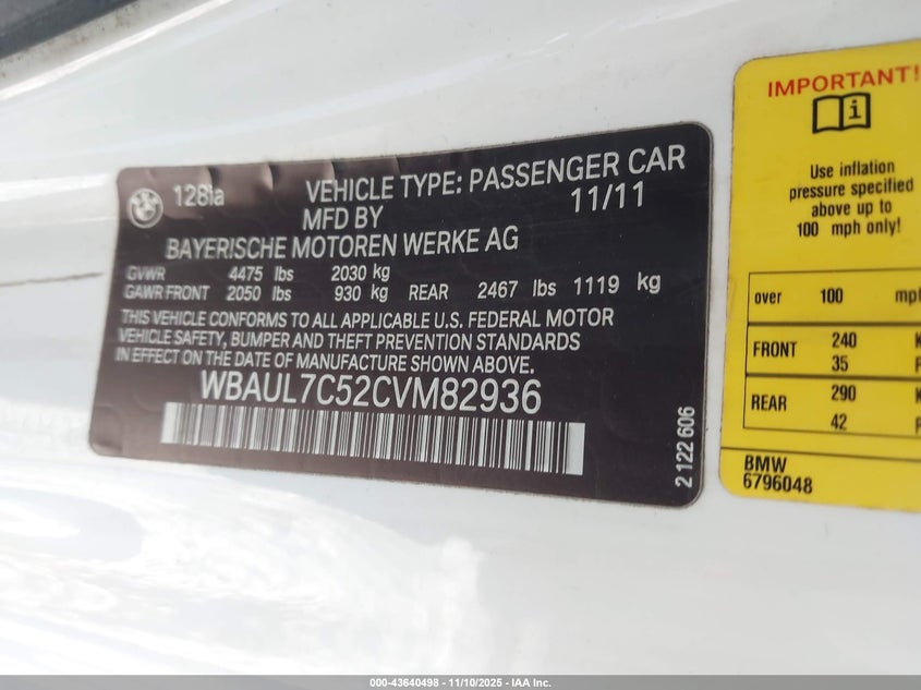 WBAUL7C52CVM82936 2012 BMW 1ER photo no. 9