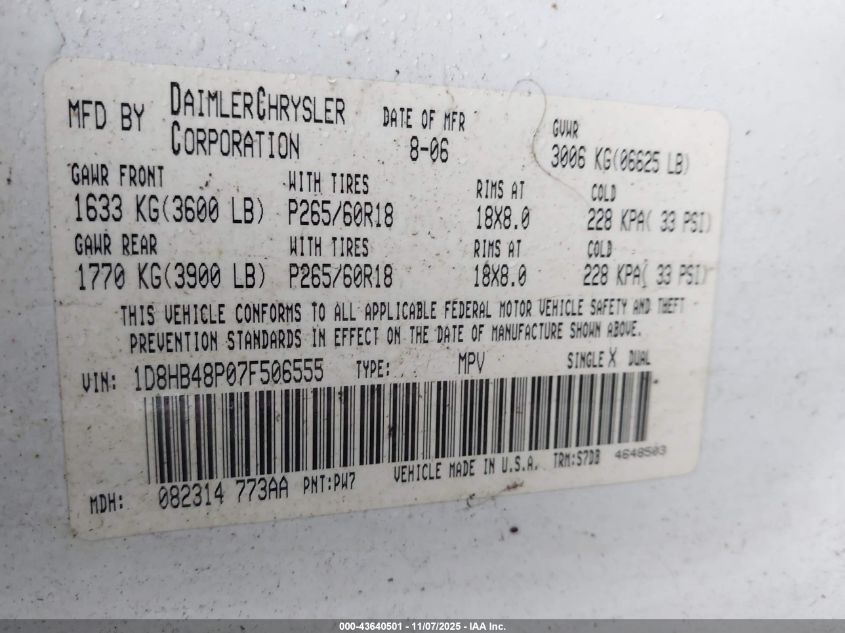 2007 Dodge Durango Slt VIN: 1D8HB48P07F506555 Lot: 43640501