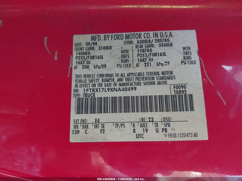 1999 Ford F-150 Lariat/Xl/Xlt VIN: 1FTRX17L9XNA40499 Lot: 43640504
