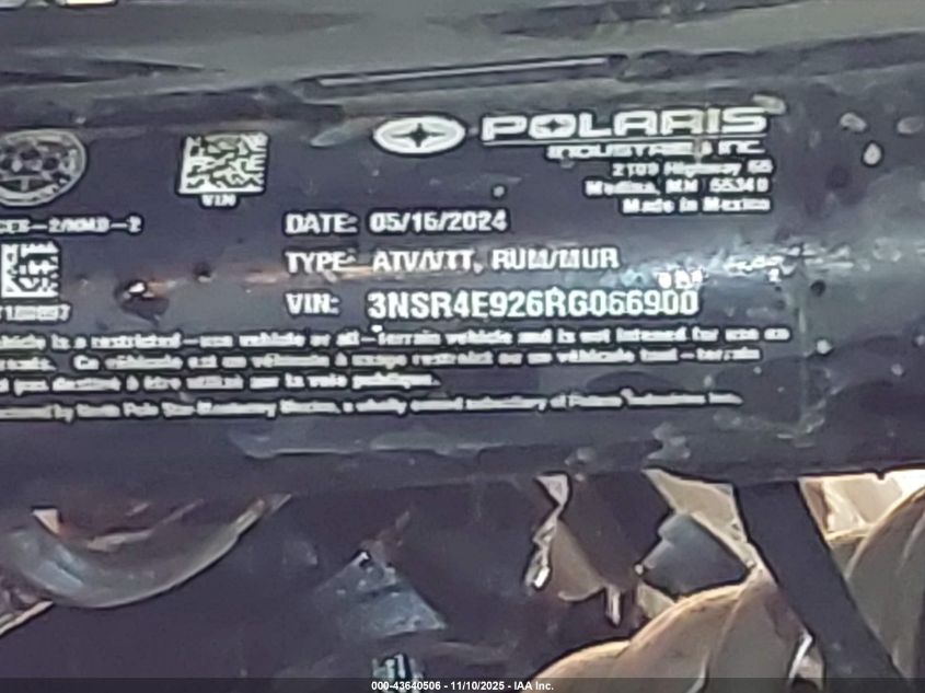 2024 Polaris Rzr Pro Xp 4 Sport VIN: 3NSR4E926RG066900 Lot: 43640506