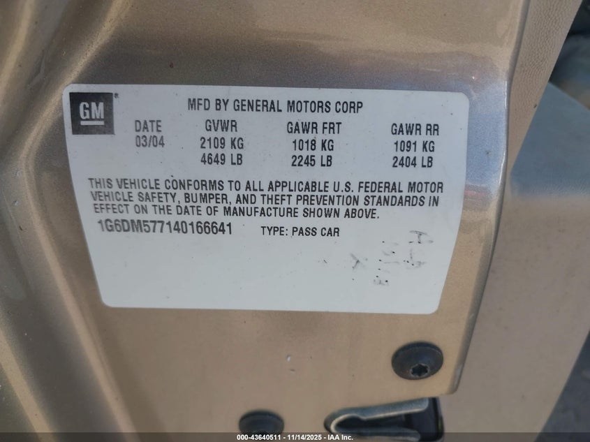 2004 Cadillac Cts Standard VIN: 1G6DM577140166641 Lot: 43640511