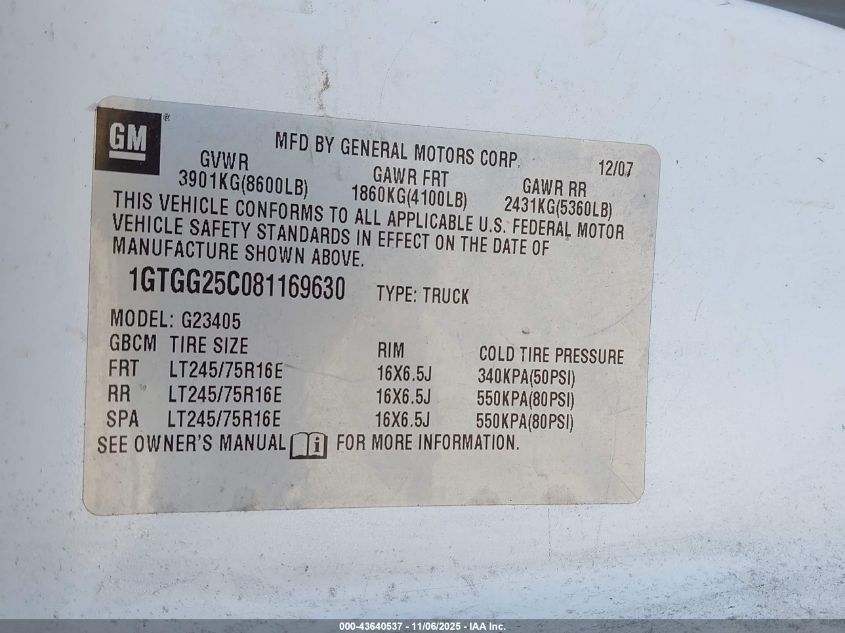 2008 GMC Savana Work Van VIN: 1GTGG25C081169630 Lot: 43640537