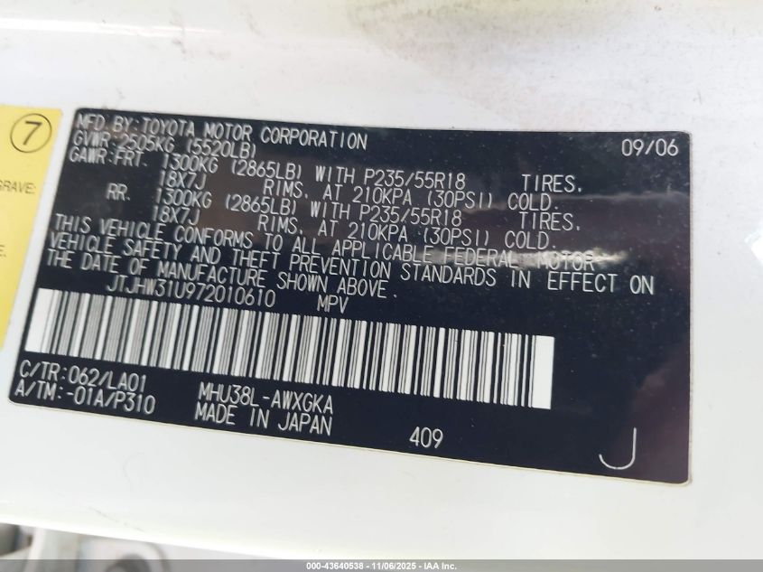 2007 Lexus Rx 400H VIN: JTJHW31U972010610 Lot: 43640538