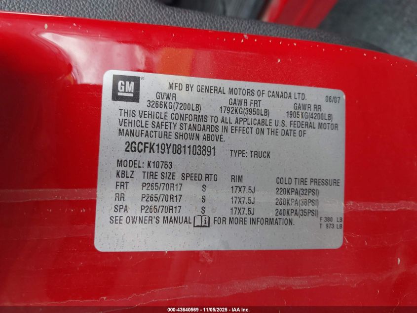 2008 Chevrolet Silverado 1500 Ltz VIN: 2GCFK19Y081103891 Lot: 43640569