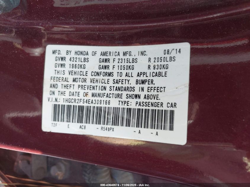 2014 Honda Accord Sport VIN: 1HGCR2F54EA309166 Lot: 43640574