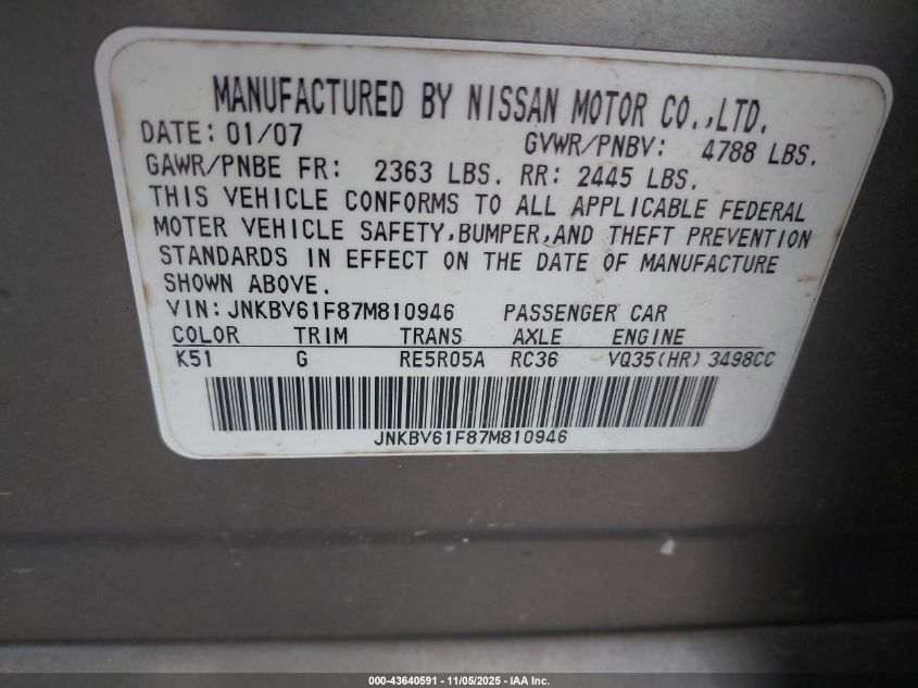 2007 Infiniti G35X VIN: JNKBV61F87M810946 Lot: 43640591