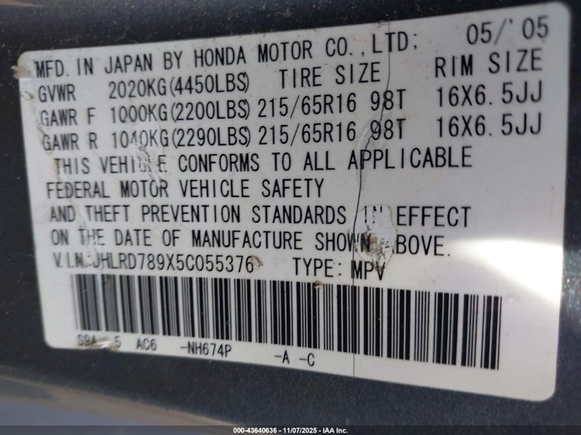2005 Honda Cr-V Se VIN: JHLRD789X5C055376 Lot: 43640636