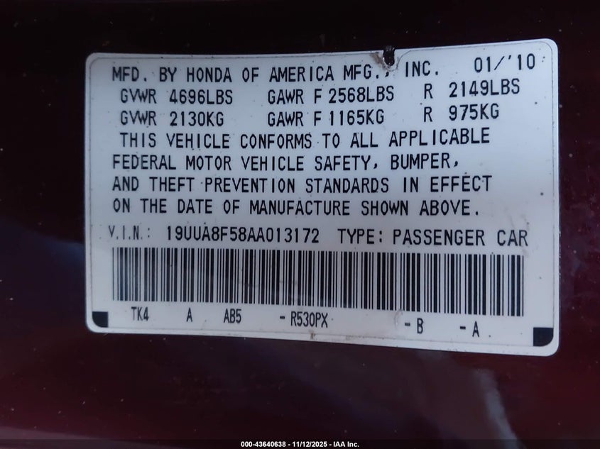 2010 Acura Tl 3.5 VIN: 19UUA8F58AA013172 Lot: 43640638