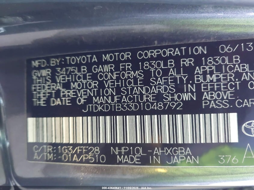 2013 TOYOTA PRIUS C THREE JTDKDTB33D1048792