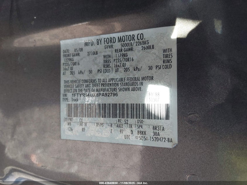 2008 Ford Ranger Sport/Xl/Xlt VIN: 1FTYR14UX8PA92796 Lot: 43640658