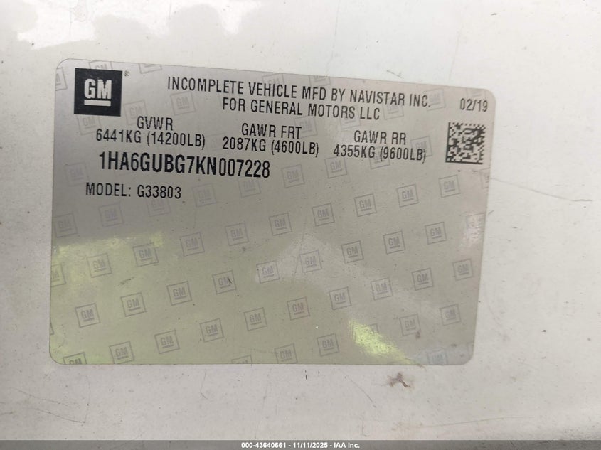 2019 Chevrolet Express Cutaway 4500 Van VIN: 1HA6GUBG7KN007228 Lot: 43640661