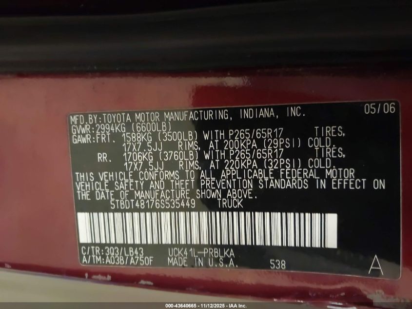 2006 Toyota Tundra Limited V8 VIN: 5TBDT48176S535449 Lot: 43640665