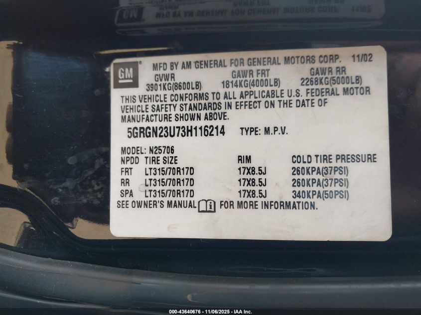 2003 Hummer H2 VIN: 5GRGN23U73H116214 Lot: 43640676