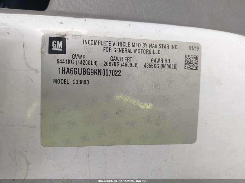 2019 Chevrolet Express Cutaway 4500 Van VIN: 1HA6GUBG9KN007022 Lot: 43640703