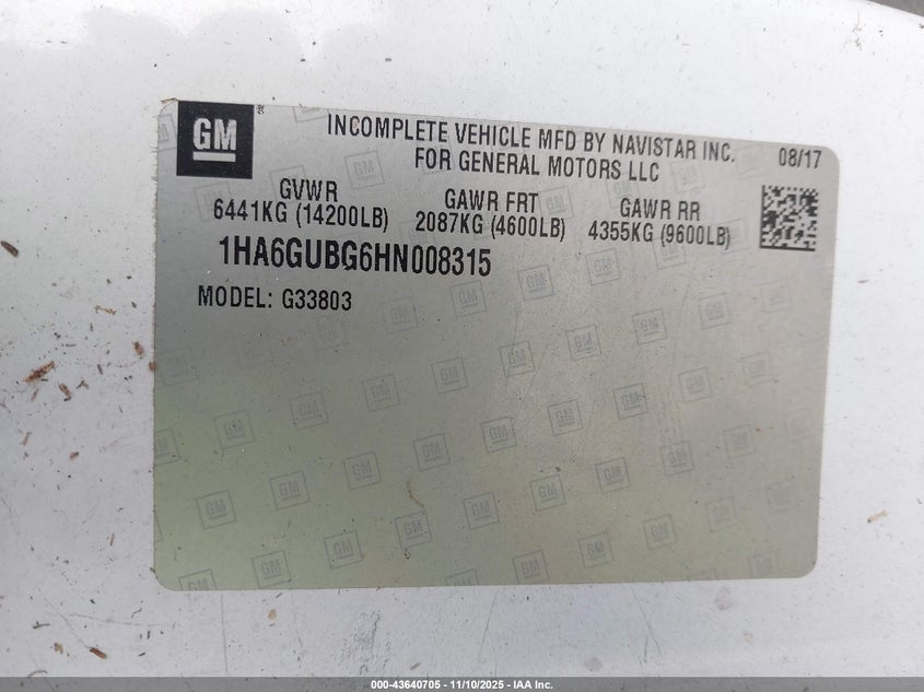 2017 Chevrolet Express Cutaway 4500 Series VIN: 1HA6GUBG6HN008315 Lot: 43640705