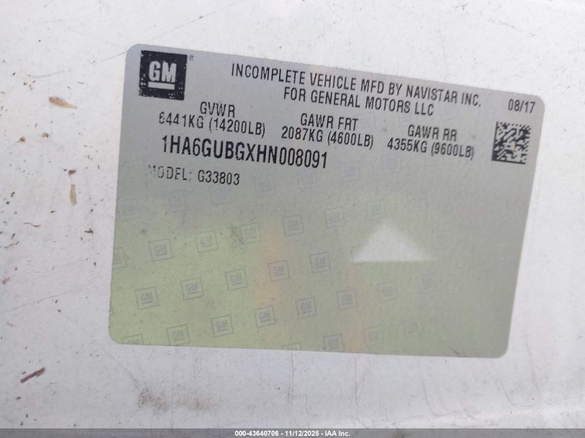 2017 Chevrolet Express Cutaway 4500 Series VIN: 1HA6GUBGXHN008091 Lot: 43640706