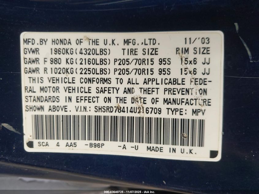 2004 Honda Cr-V Lx VIN: SHSRD78414U216709 Lot: 43640725