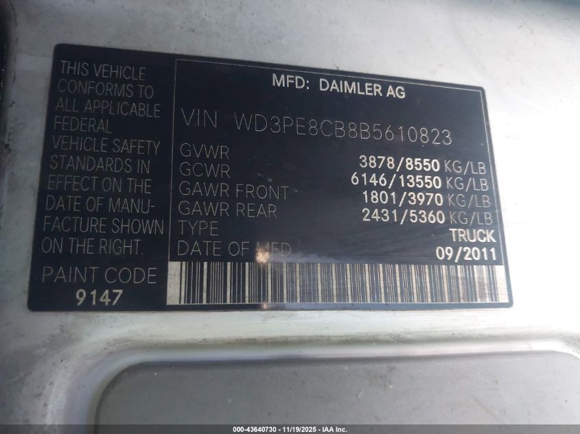 2011 Mercedes-Benz Sprinter 2500 High Roof VIN: WD3PE8CB8B5610823 Lot: 43640730