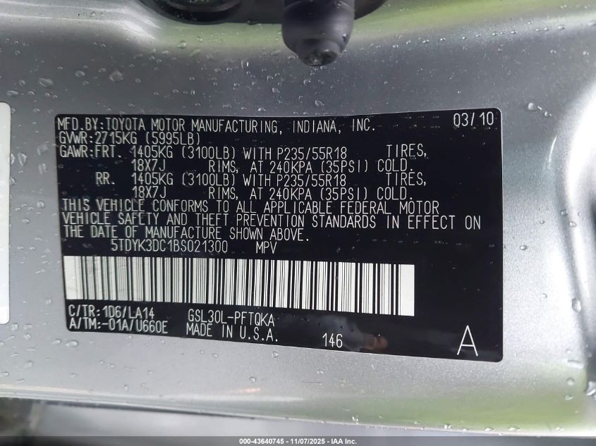 2011 Toyota Sienna Limited V6 VIN: 5TDYK3DC1BS021300 Lot: 43640745