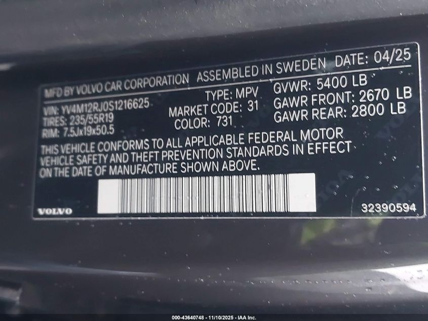 2025 Volvo Xc60 B5 Core VIN: YV4M12RJ0S1216625 Lot: 43640748