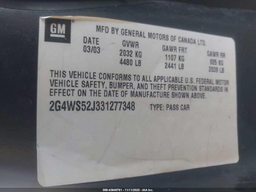 2003 Buick Century Custom VIN: 2G4WS52J331277348 Lot: 43640761