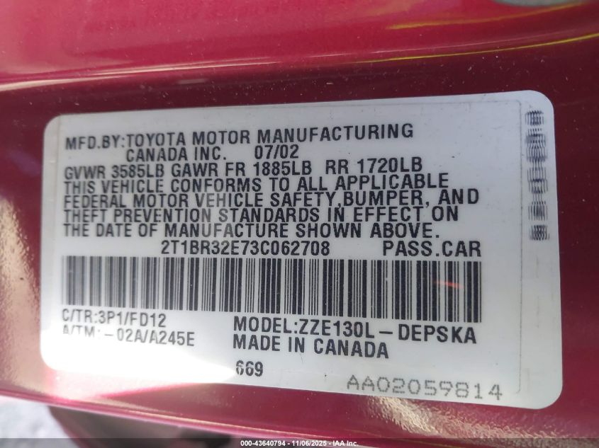 2003 Toyota Corolla S VIN: 2T1BR32E73C062708 Lot: 43640794