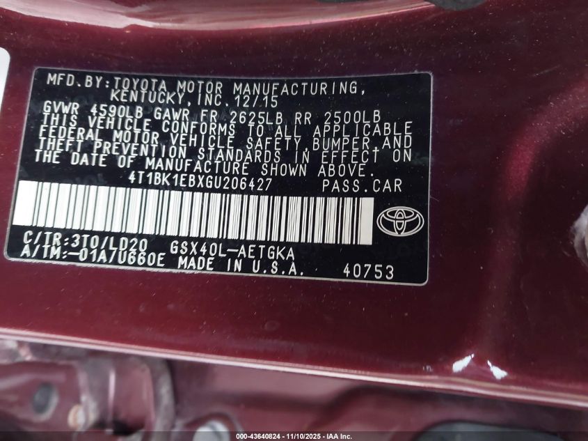 2016 Toyota Avalon Xle VIN: 4T1BK1EBXGU206427 Lot: 43640824