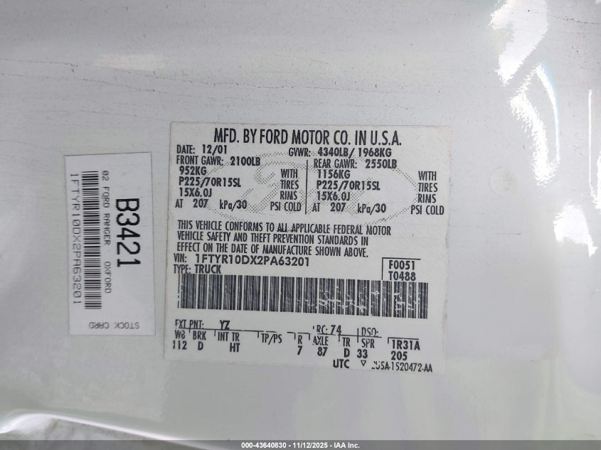 2002 Ford Ranger Xl/Xlt VIN: 1FTYR10DX2PA63201 Lot: 43640830