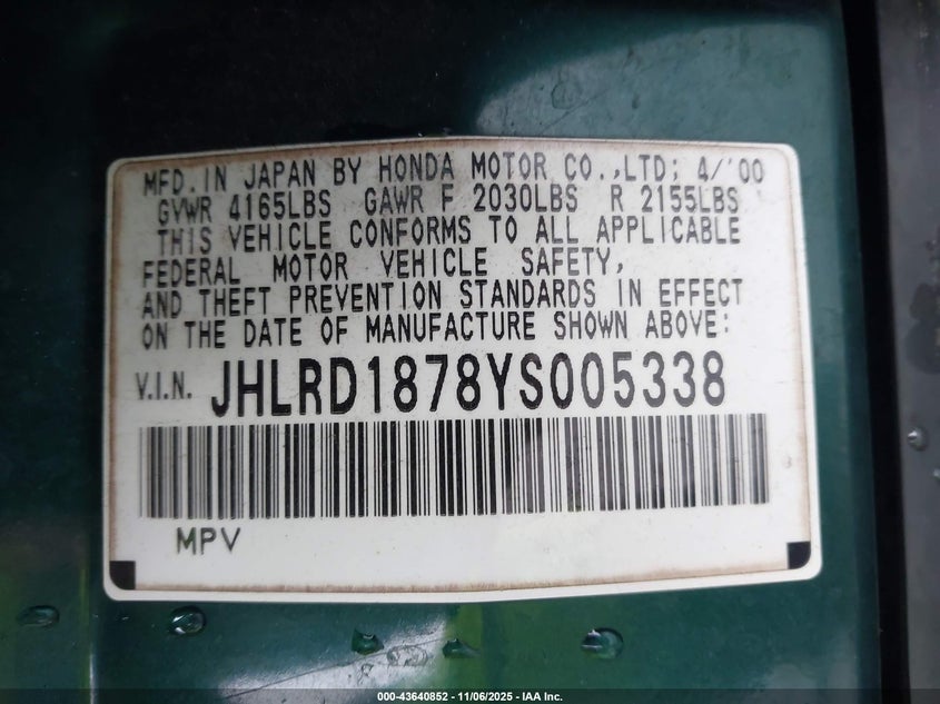 2000 Honda Cr-V Special Edition VIN: JHLRD1878YS005338 Lot: 43640852
