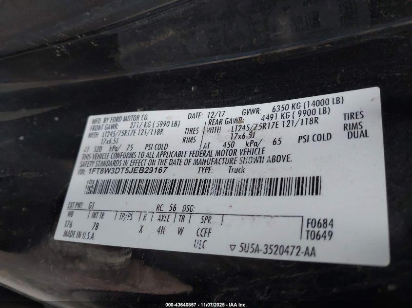 2018 Ford F-350 Platinum VIN: 1FT8W3DT5JEB29167 Lot: 43640857