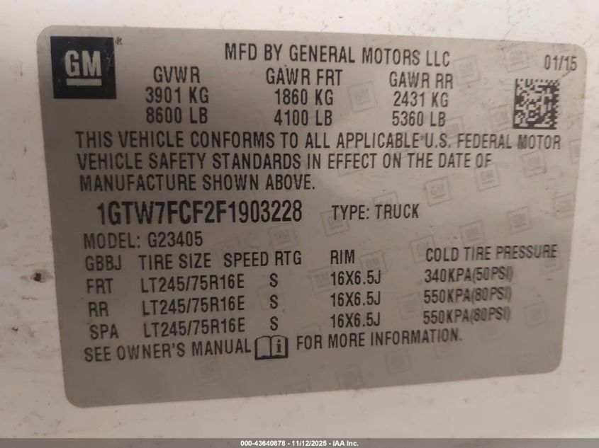 2015 GMC Savana 2500 Work Van VIN: 1GTW7FCF2F1903228 Lot: 43640878