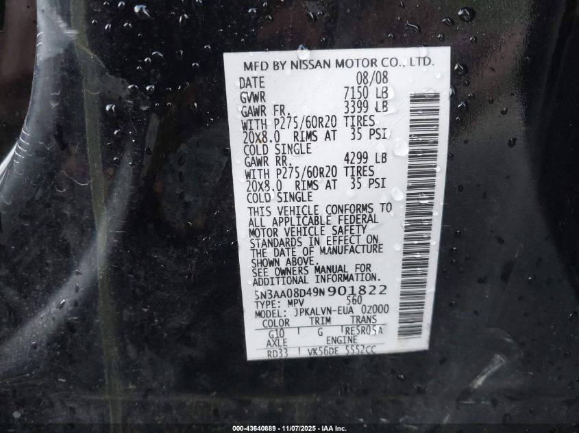 2009 Infiniti Qx56 VIN: 5N3AA08D49N901822 Lot: 43640889