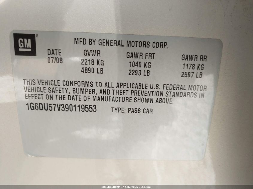 2009 Cadillac Cts Rwd W/1Sb VIN: 1G6DU57V390119553 Lot: 43640891