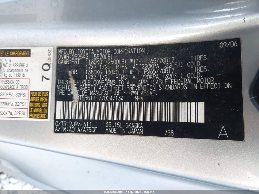 2007 Toyota Fj Cruiser VIN: JTEBU11F770047134 Lot: 43640908