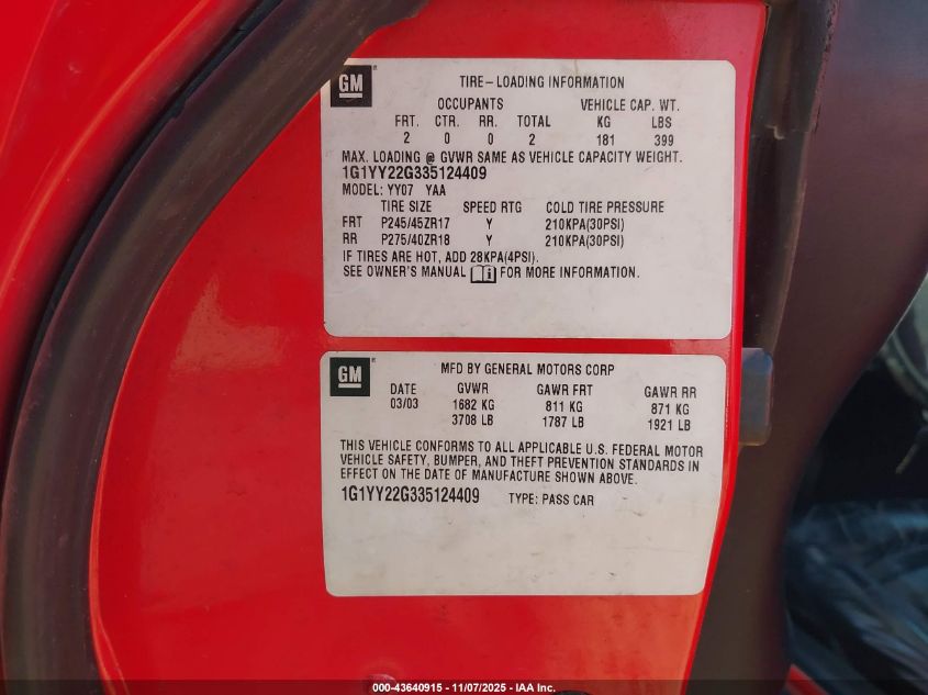 2003 Chevrolet Corvette VIN: 1G1YY22G335124409 Lot: 43640915