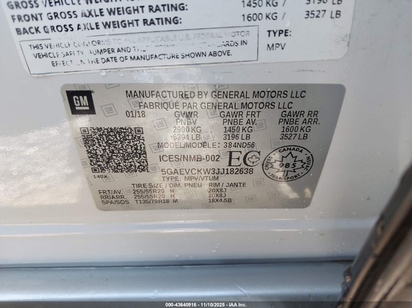 2018 Buick Enclave Avenir VIN: 5GAEVCKW3JJ182638 Lot: 43640916