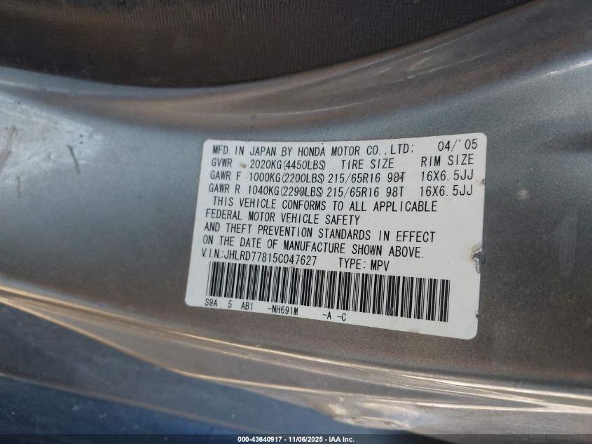 2005 Honda Cr-V Ex VIN: JHLRD77815C047627 Lot: 43640917