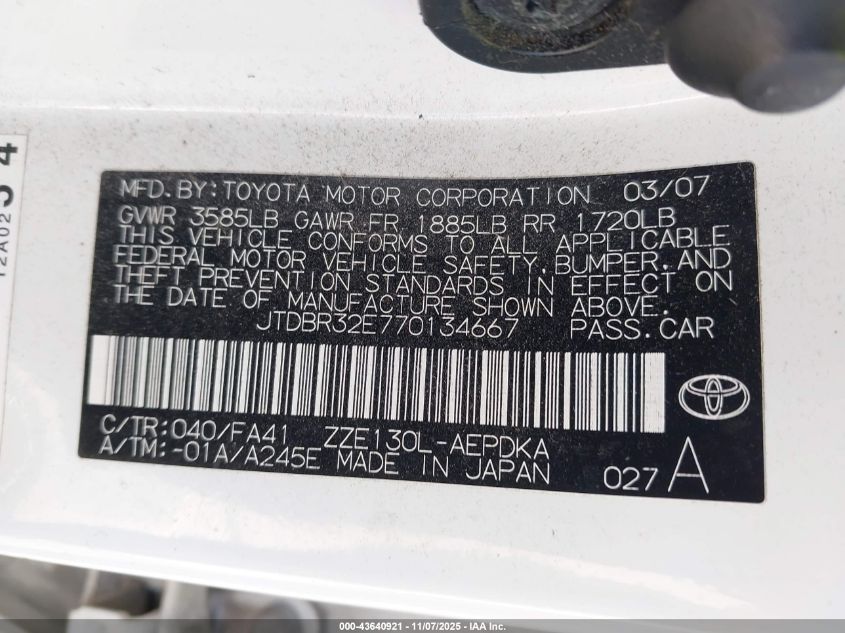 2007 Toyota Corolla Ce VIN: JTDBR32E770134667 Lot: 43640921