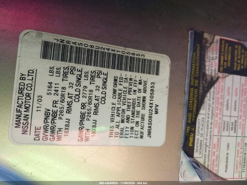 2004 Infiniti Fx35 VIN: JNRAS08U24X105853 Lot: 43640924