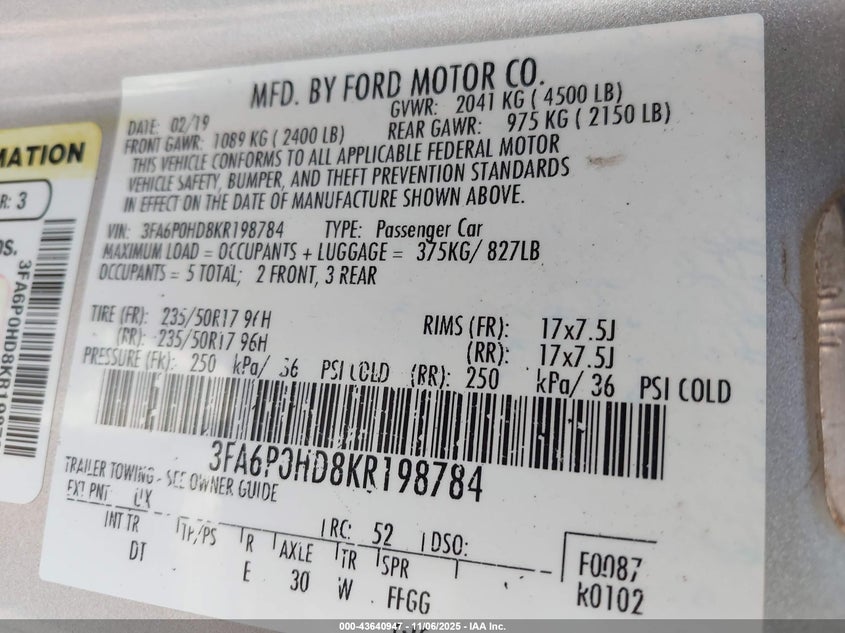 2019 FORD FUSION SE 3FA6P0HD8KR198784