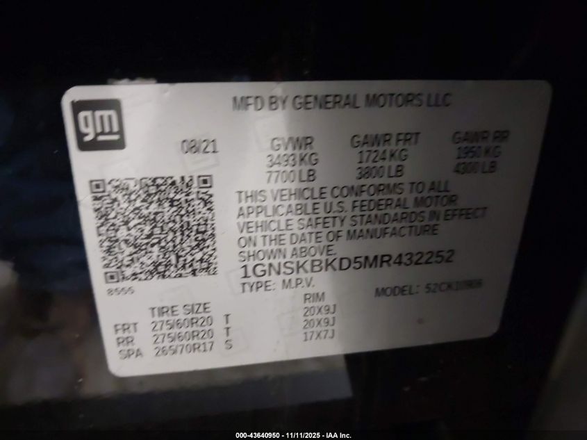 2021 Chevrolet Suburban 4Wd Ls VIN: 1GNSKBKD5MR432252 Lot: 43640950
