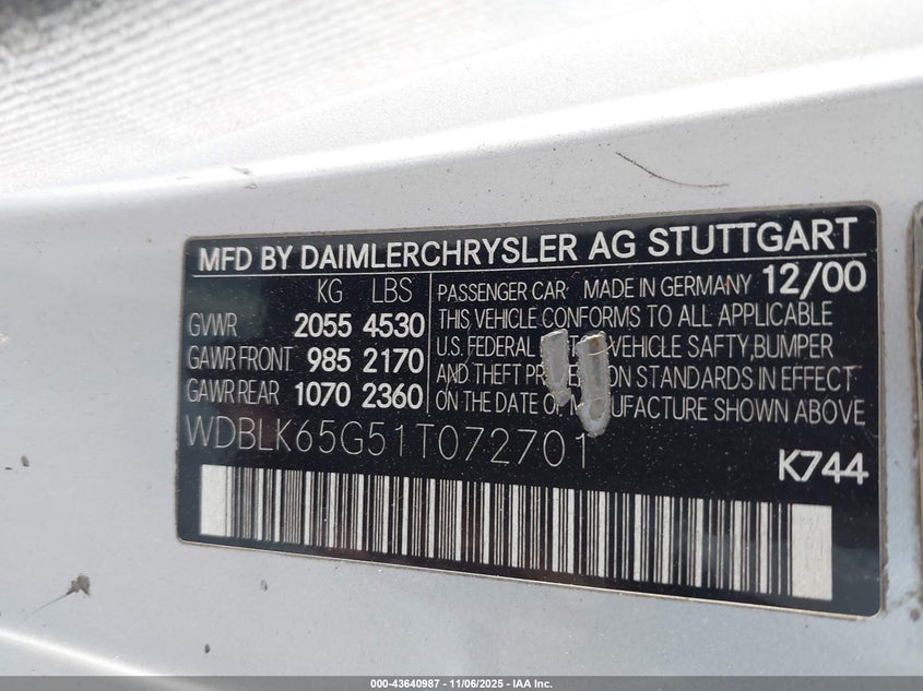 2001 Mercedes-Benz Clk 320 VIN: WDBLK65G51T072701 Lot: 43640987