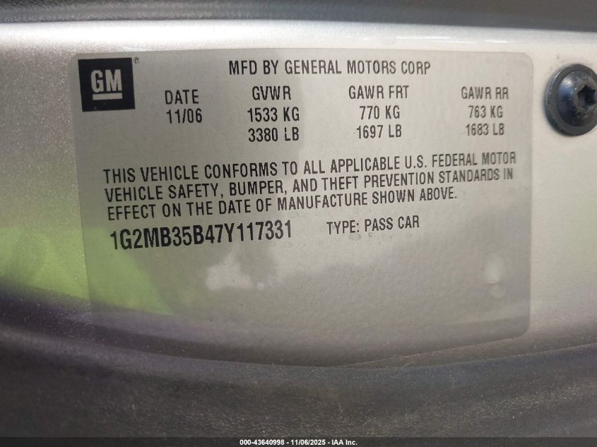 2007 Pontiac Solstice VIN: 1G2MB35B47Y117331 Lot: 43640998