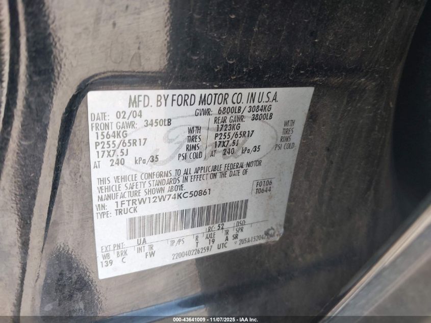 2004 Ford F-150 Xlt VIN: 1FTRW12W74KC50861 Lot: 43641009