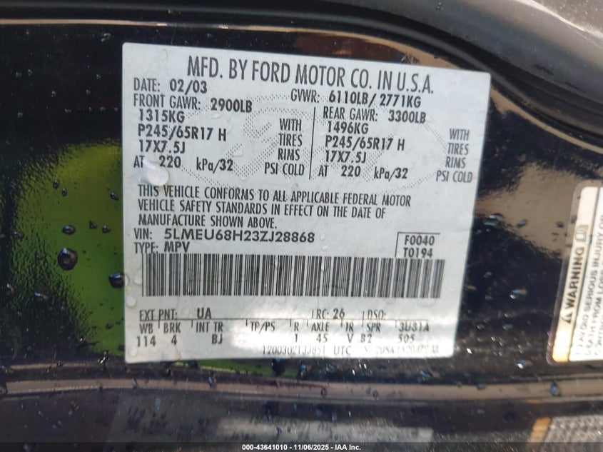 2003 Lincoln Aviator VIN: 5LMEU68H23ZJ28868 Lot: 43641010