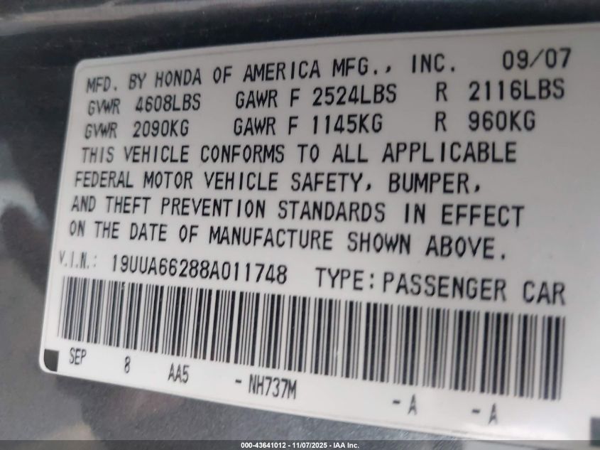 2008 Acura Tl 3.2 VIN: 19UUA66288A011748 Lot: 43641012